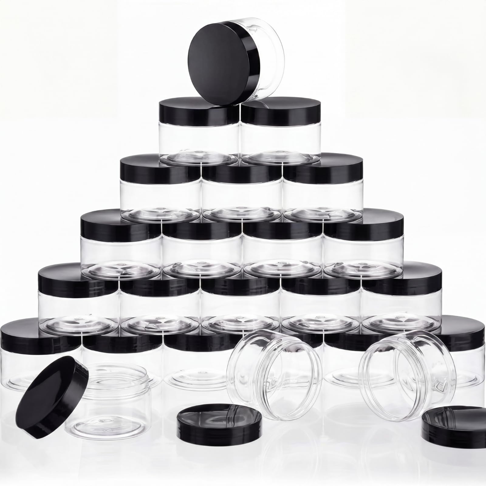 SATINIOR 24 Pieces Empty Clear Plastic Jars with Lids Round Storage Containers Wide-Mouth for Beauty Product Cosmetic Cream Lotion Liquid Butter Craft and Food (Black Lid, 6 oz)