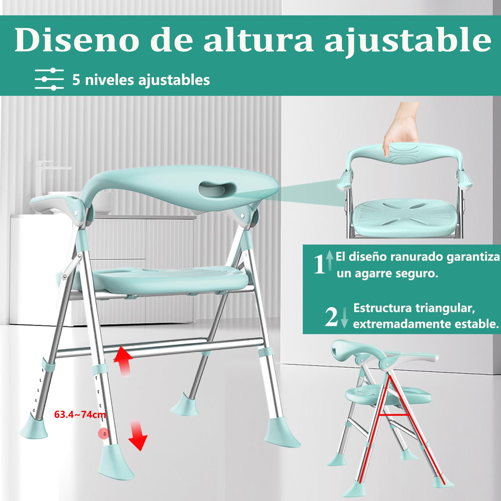 Doblar Silla para Ducha,Silla Ducha Personas Mayores,Capacidad MáXima de Carga 150 Kg,Apoyabrazos Plegables,Taburete BañO Ajustable en Altura de 5 Niveles (Verde, Asientos Planos)