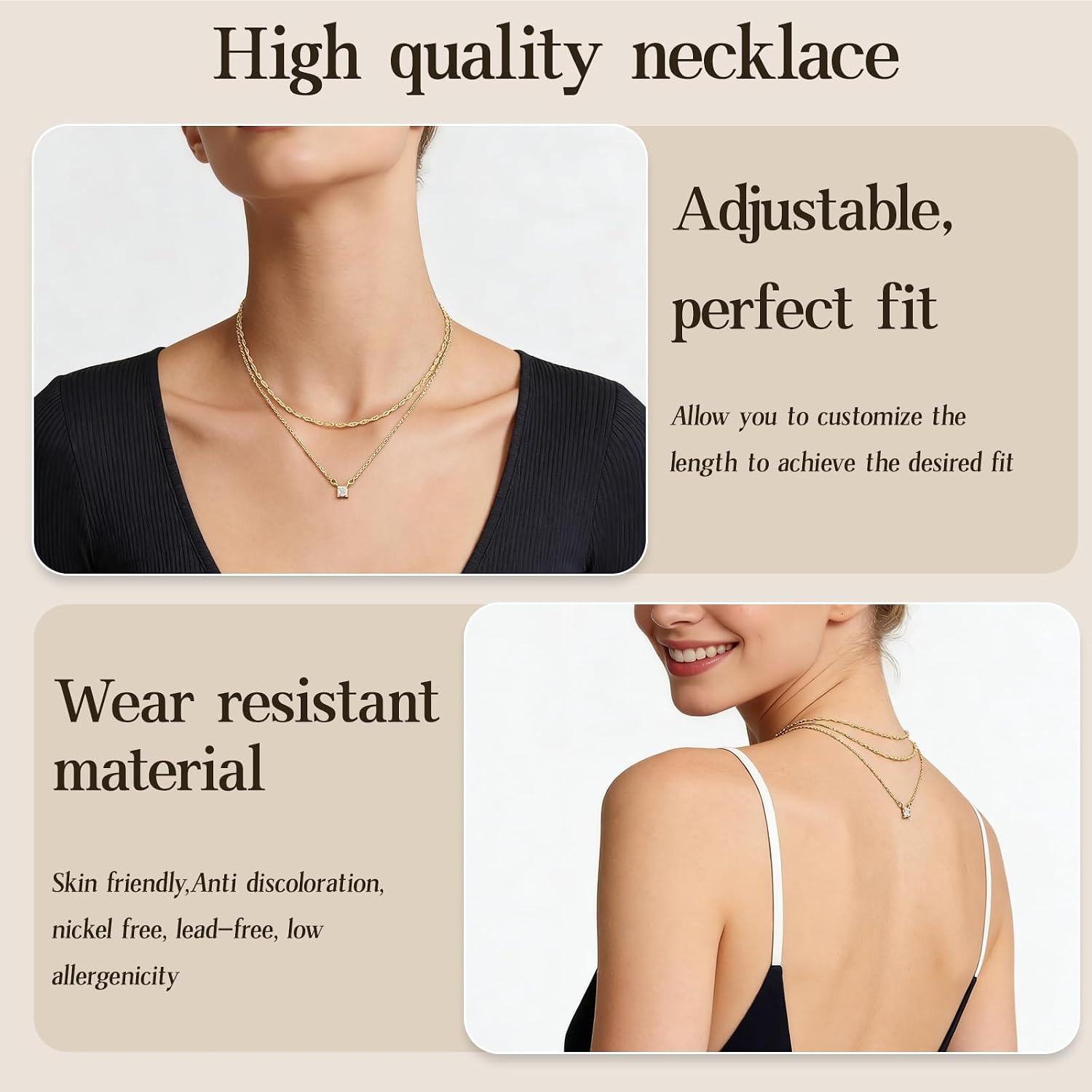Chain Gold Women's, 2-layered Gold Necklace for Women, 14K Gold Plated Necklace Set, Choker with Cubic Zirconia Beads and Paperclip Chains, Waterproof Jewellery Set for Women image 5