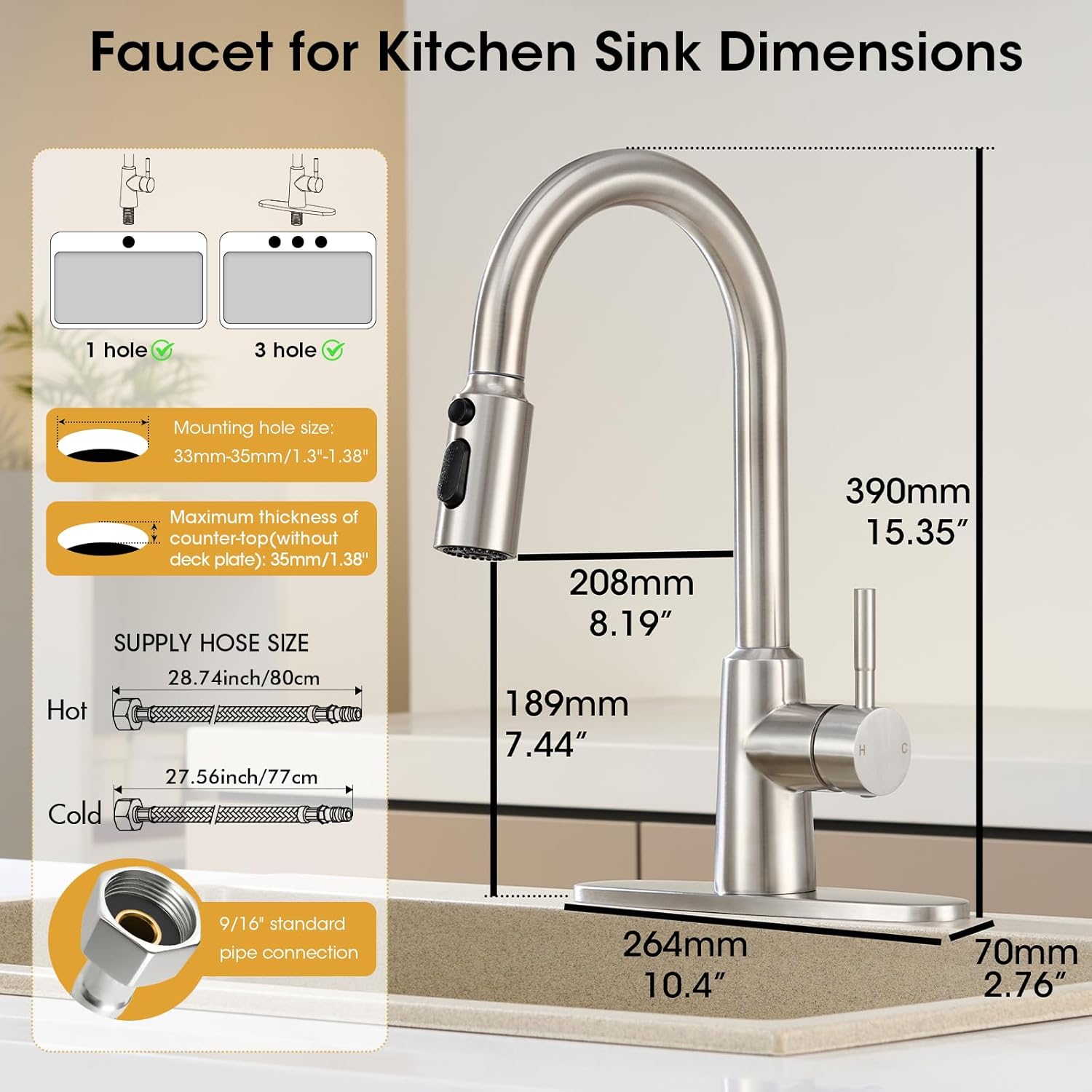 Kitchen Faucet with Pull Down Sprayer, High Arc Single Handle Brushed Nickel Stainless Steel 1 or 3 Hole Faucet for Kitchen Sink, Farmhouse, RV, Laundry, Bar, Outdoor