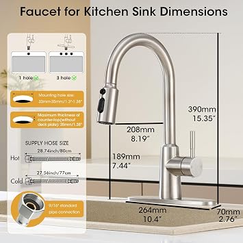 Kitchen Faucet with Pull Down Sprayer, High Arc Single Handle Brushed Nickel Stainless Steel 1 or 3 Hole Faucet for Kitchen Sink, Farmhouse, RV, Laundry, Bar, Outdoor
