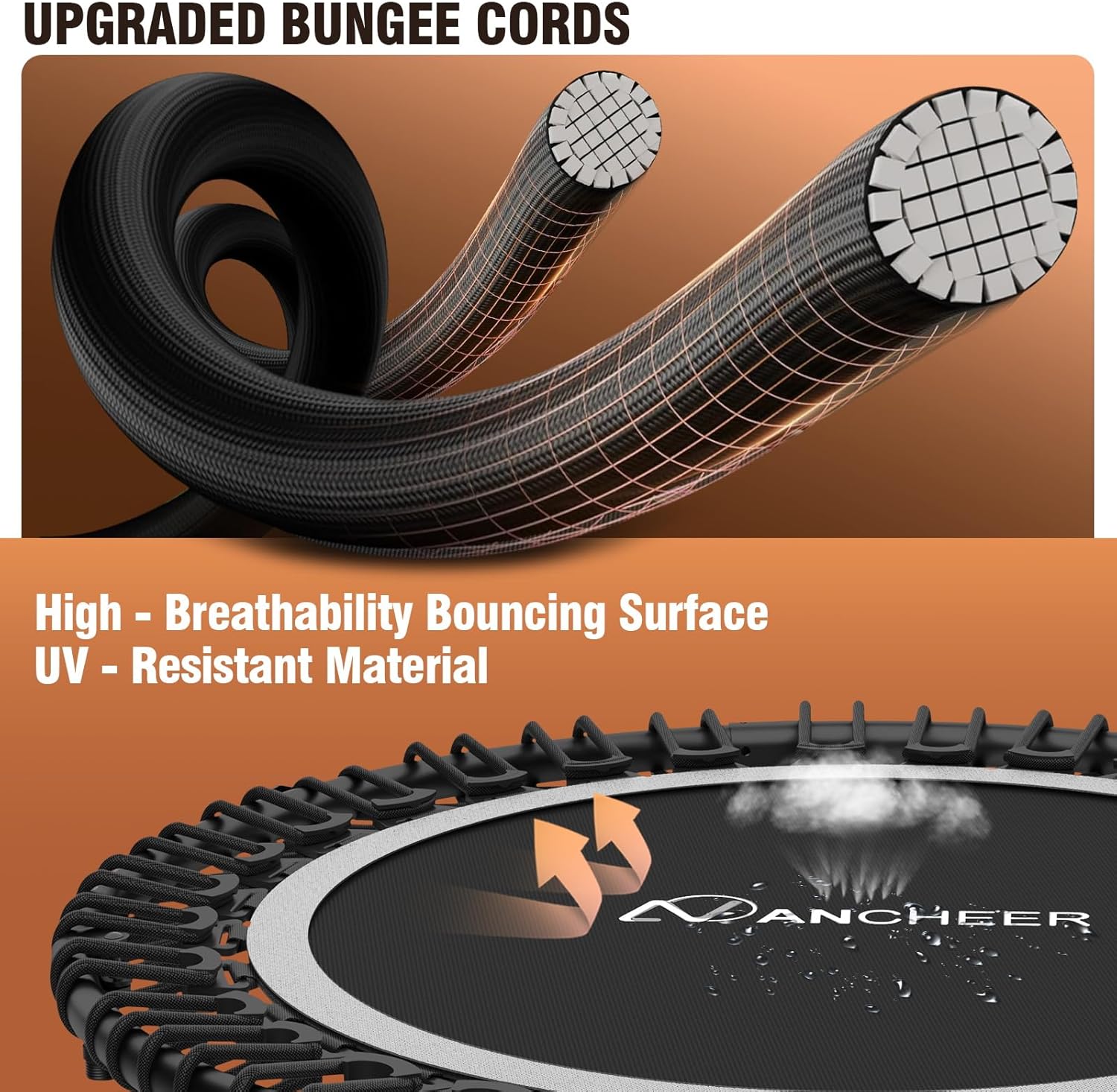 Bungee Rebounder Trampoline, ANCHEER 40" Foldable Fitness Trampoline with Resistance Ropes&Upgraded Bungees, 4 Level Adjustable Handlebar, 450LBS Capacity, Safe for Home/Cardio,Indoor/Outdoor