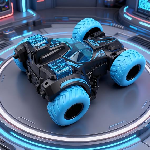 Friction Powered Flip Stunt Car, Push and Go Toy Car with 360 Upright Spin, Dual-Sided Rotating Off-Road Vehicle, No Batteries Required, Toy Car for Boys & Girls Ages 3 (Blue)