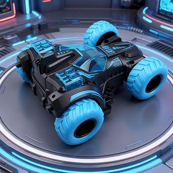 Friction Powered Flip Stunt Car, Push and Go Toy Car with 360 Upright Spin, Dual-Sided Rotating Off-Road Vehicle, No Batteries Required, Toy Car for Boys & Girls Ages 3 (Blue)