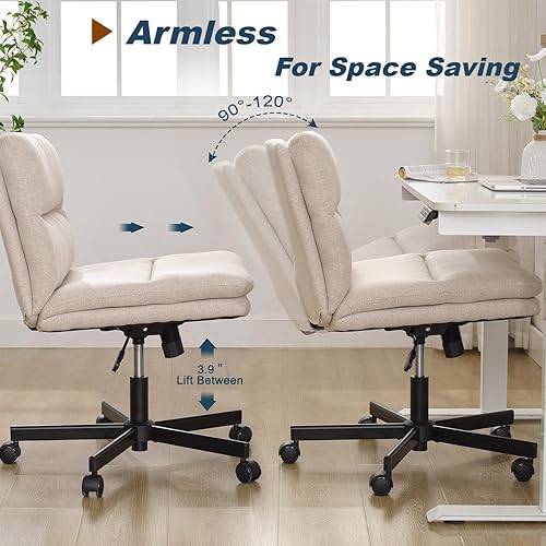 Miniatura 4 de Okeysen Silla cruzada sin brazos con ruedas, asiento ancho con patas cruzadas, cómoda silla de escritorio de oficina, silla giratoria de tela en