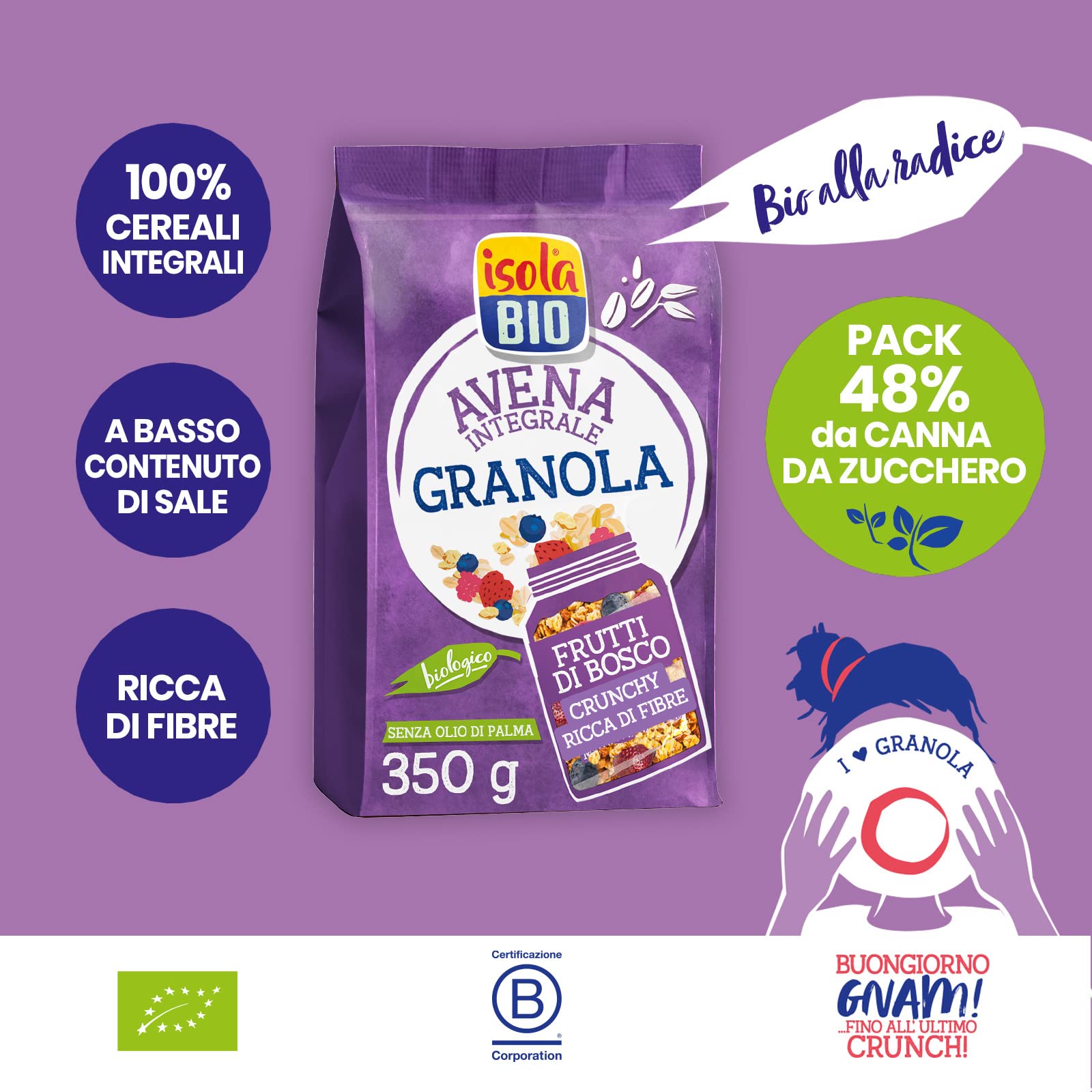 Isola Bio Granola Crunchy Biologica Frutti di Bosco, Tostata al Forno, Cereali da Colazione con Lamponi, Mirtilli e Fragole, 100% Ingredienti Naturali, per Vegani e Vegetariani, Formato 350gr - 3