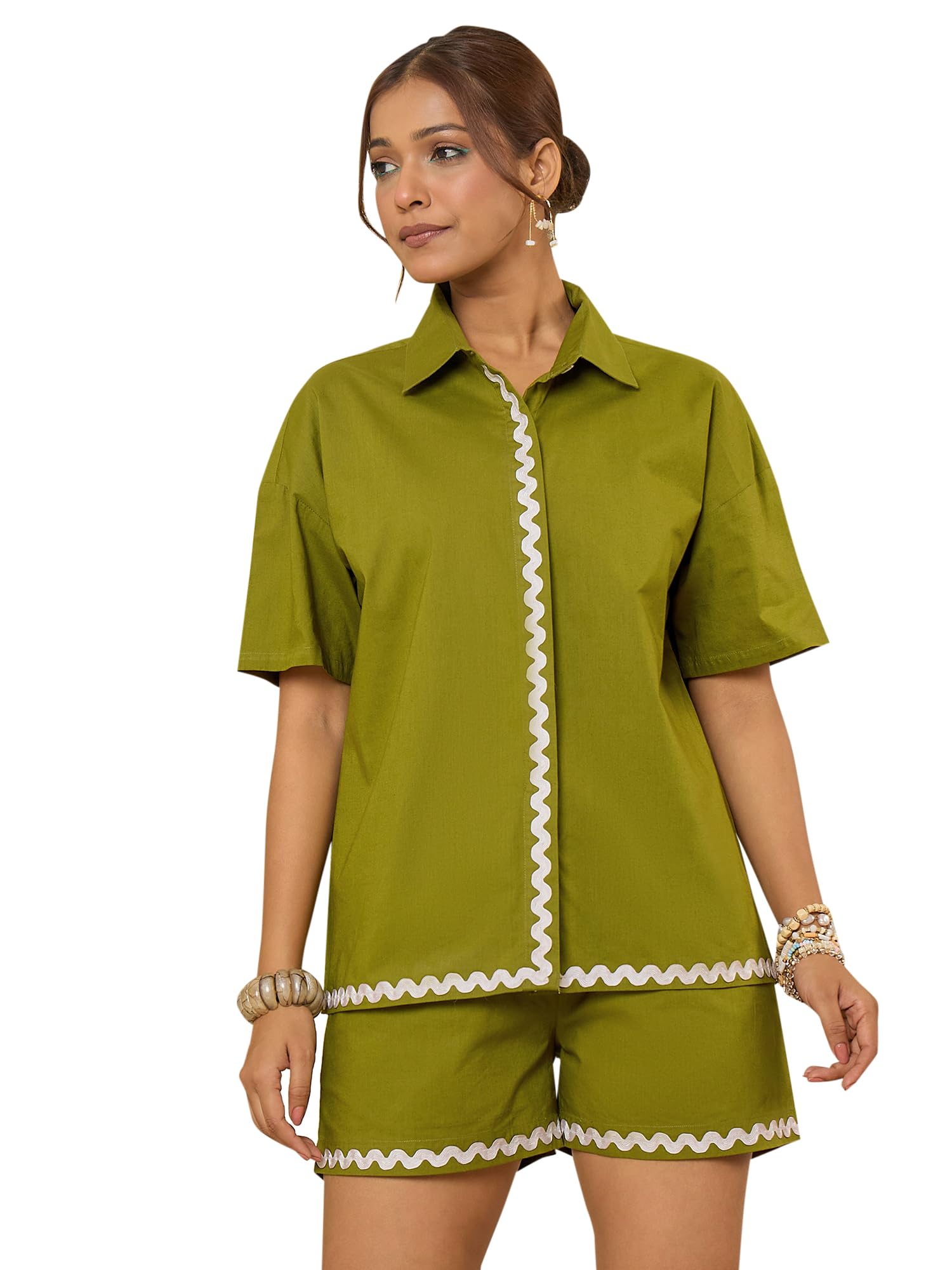 Women Green Cotton Oversized Shirt with Shorts Set-image-4