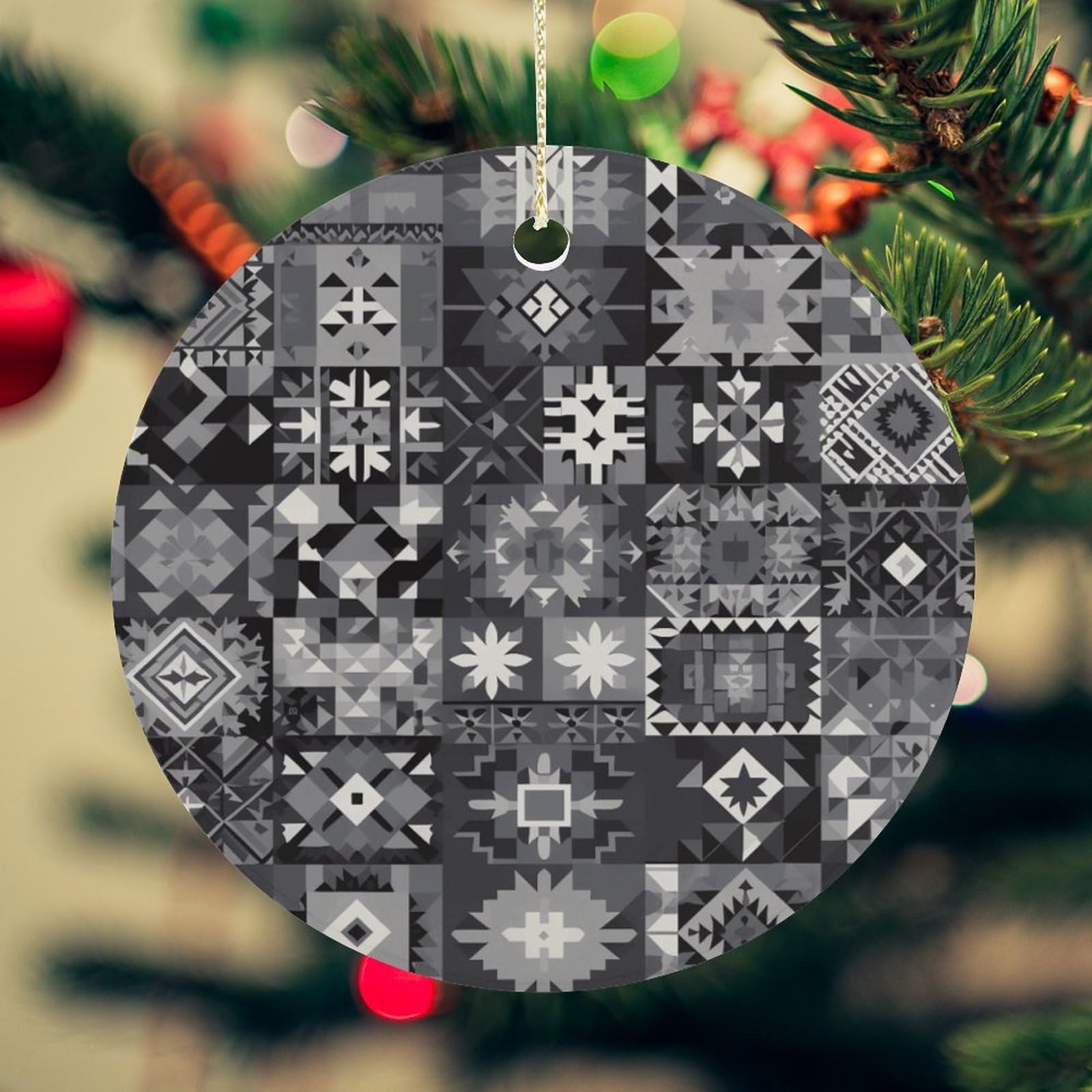 Gray Pattern Background Christmas Ornament for Christmas Tree Ceramic Round Ornament Winter Holiday Keepsake Gift 2.7" Christmas Tree Hanging Decorations Circle Ceramic Pendant Xmas Gift