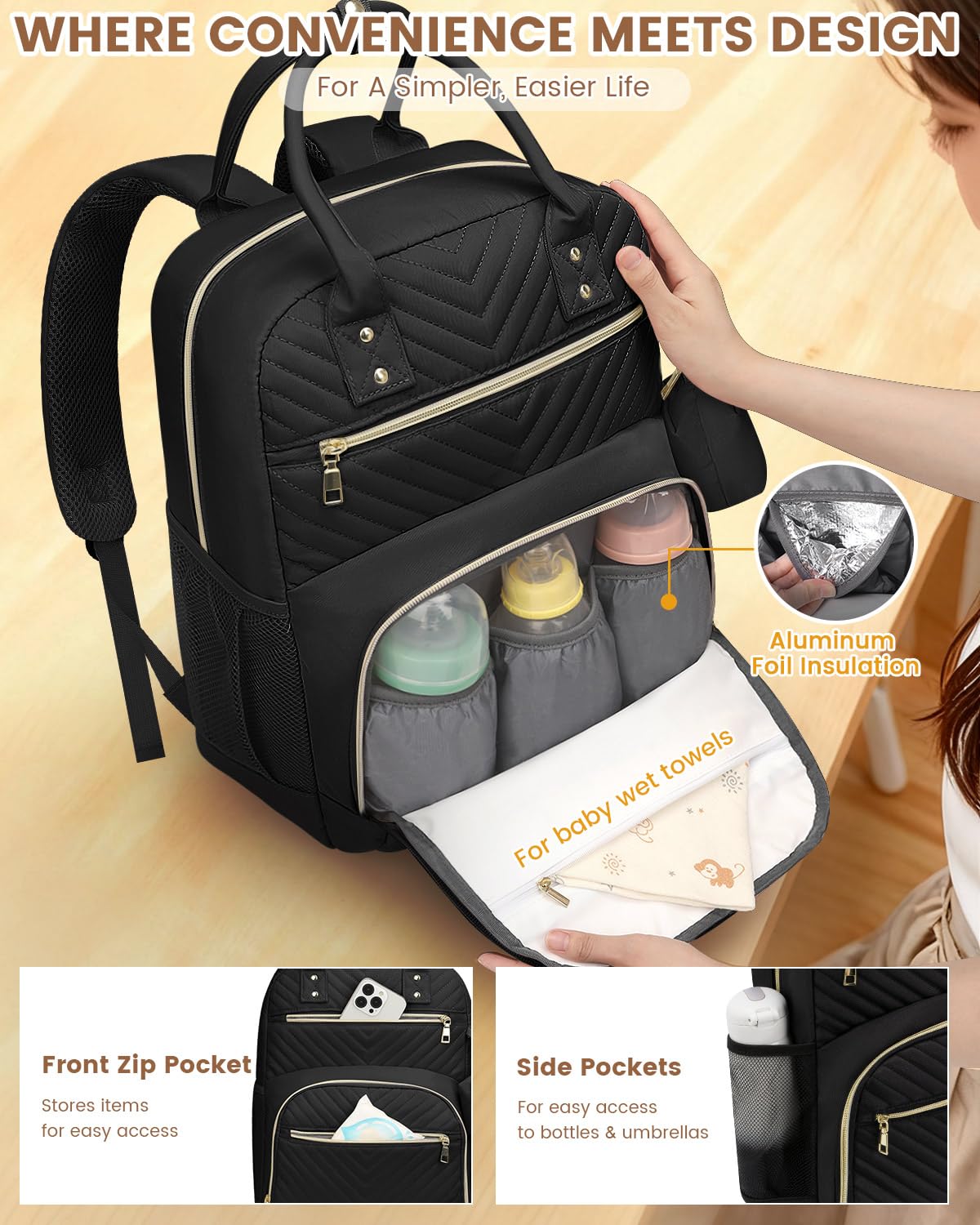 Diaper Bag Backpack,Baby Essentials Diapers Bag with Pacifier Case,Multipurpose Stylish Large Capacity Travel Backpack for Baby Girl/Boy(M-Black)