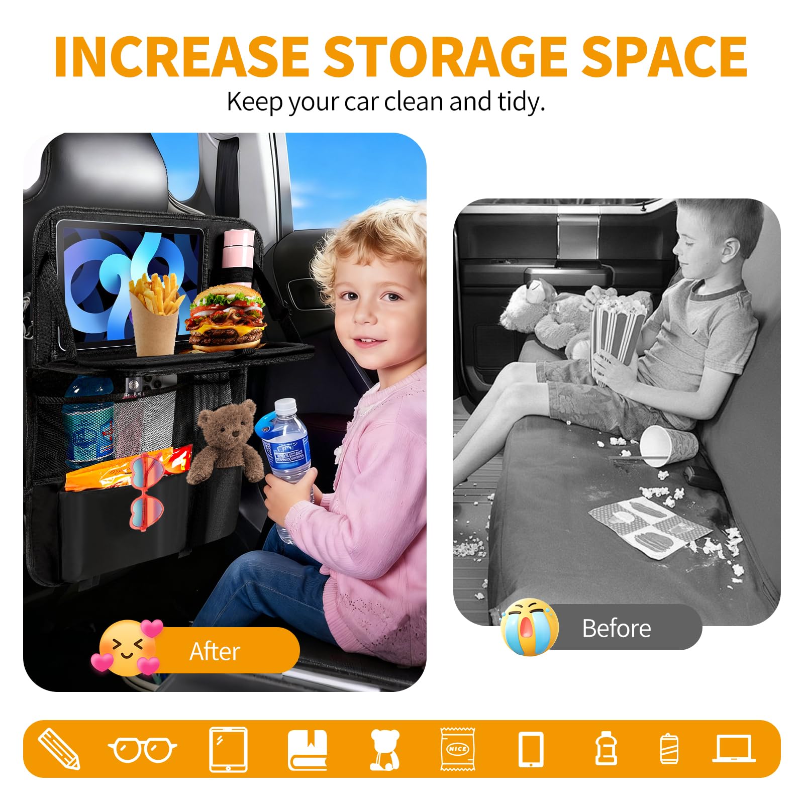 Organisateur de Siège avec Table Pliante pour Enfant, Protection Siège Voiture Enfant Imperméable avec Pochette Tablet, Rangement Arrière pour Console de Jeux et Jouets pour Voyages (Lot de 2)
