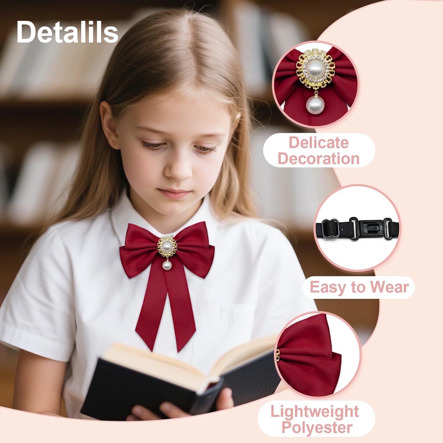 LJBFNN Bow Ties for Girl Women, Girls Bow Tie with Pearls Adjustable Pre-tied Bowtie for School Uniform Shirt Blouse Costume