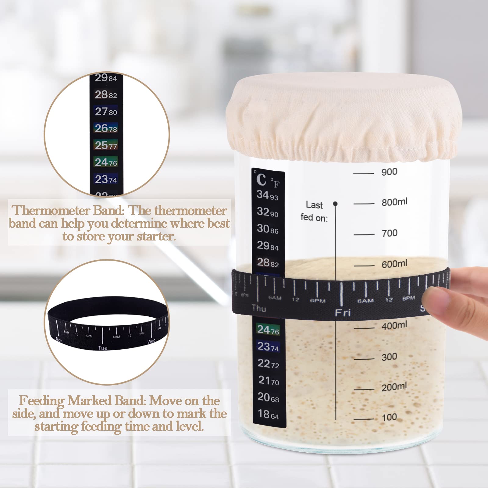 NEOBELLA Sourdough Starter Jar Kit, Sourdough Starter Jar with Thermometer, Scraper, Cloth Cover and Lid. Reusable Sourdough Jar Kit Use for Home Bakery