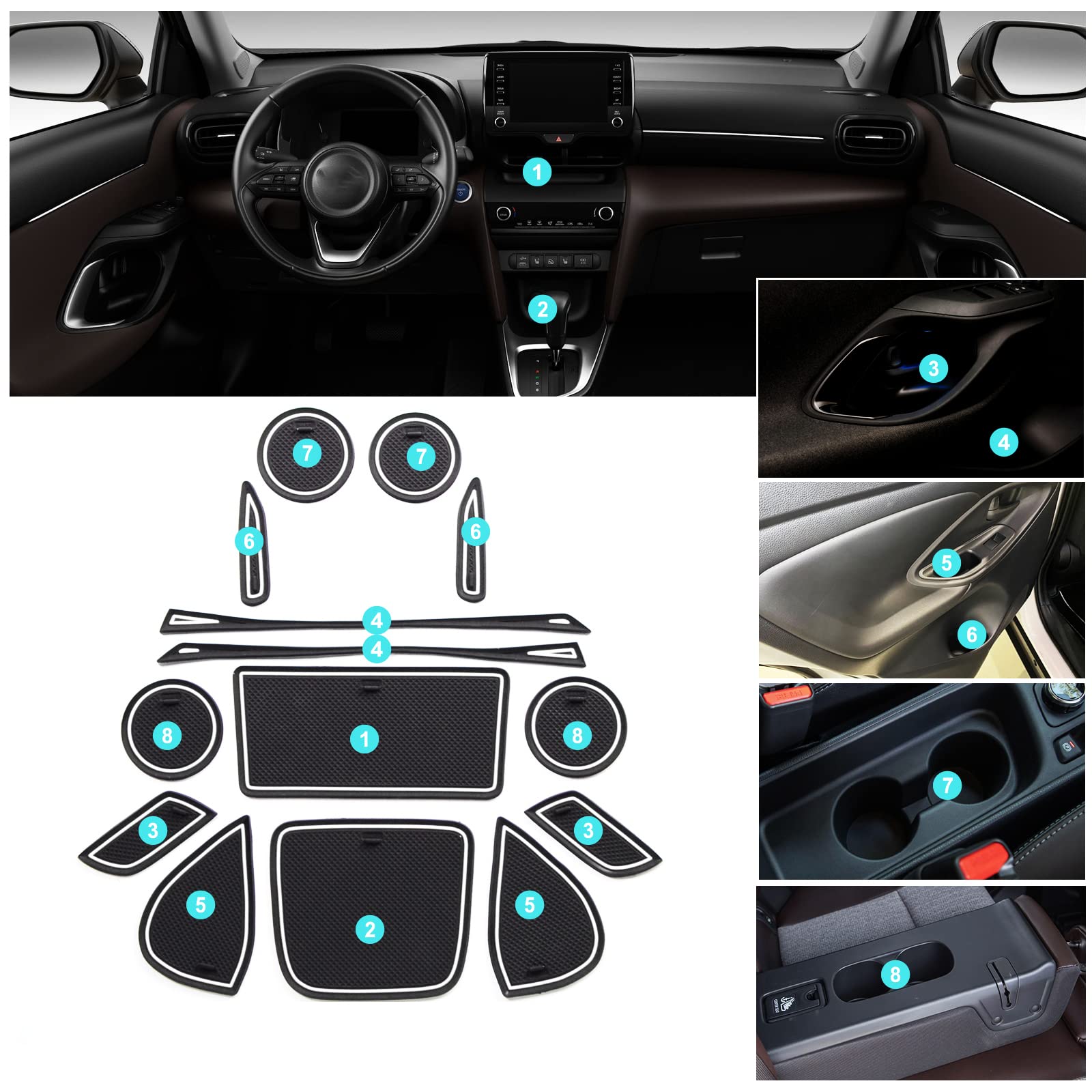 CDEFG Dywaniki gumowe kompatybilne z Toyota Yaris Cross 2021-2023/2024, do konsoli środkowej, antypoślizgowe, odporne na kurz, uchwyt na kubek, gumowe maty, podłokietniki, akcesoria do wnętrza