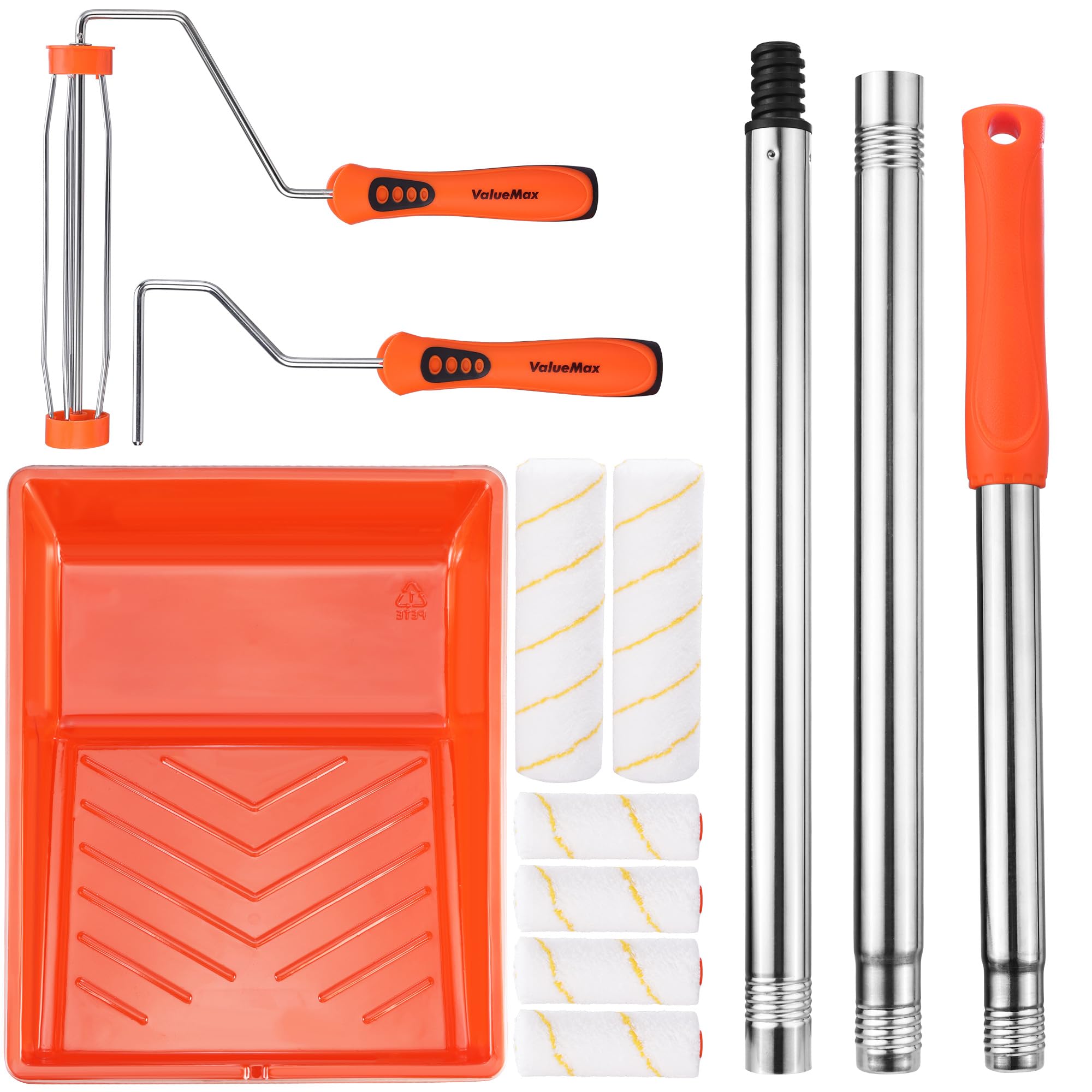 ValueMax Kit de 12 rodillos de pintura con bandeja, marcos de rodillo de 9 y 4 pulgadas, 6 fundas de repuesto de microfibra de 3/8 pulgadas, 3 postes de extensión de acero inoxidable, para paredes