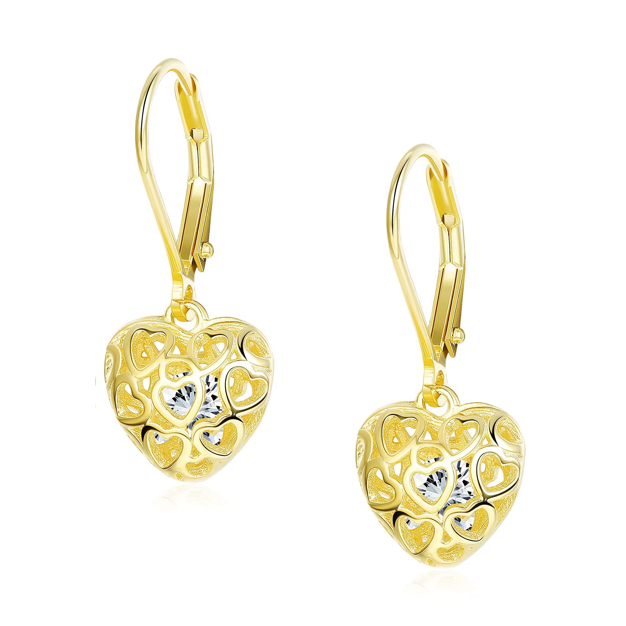 KRFY925 Pata Esterlina Pendientes de Filamentos Pendientes Colgantes Leverback Bola en Forma Corazón Hipoalergénica Dorada de 18K Pendientes con Colgante en Forma de Corazón Para Mujer