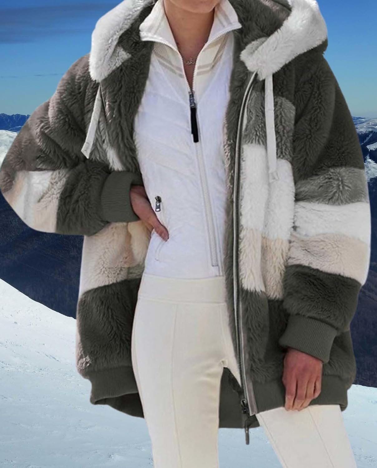 Fleece Jacket for Women Hooded Long Sleeve Zip Up Color Block Patchwork Cardigan Plus Size Winter Coat with Pockets