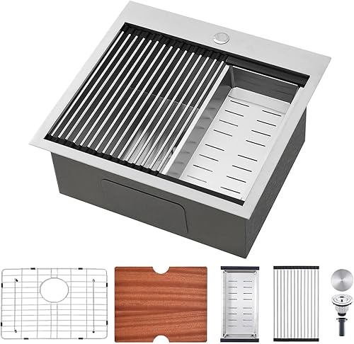 Miniatura 48 de SHACO Fregadero de cocina negro de 21 pulgadas, 21 x 20 pulgadas, montaje superior negro plomizo de acero inoxidable calibre 16, estación de trabajo