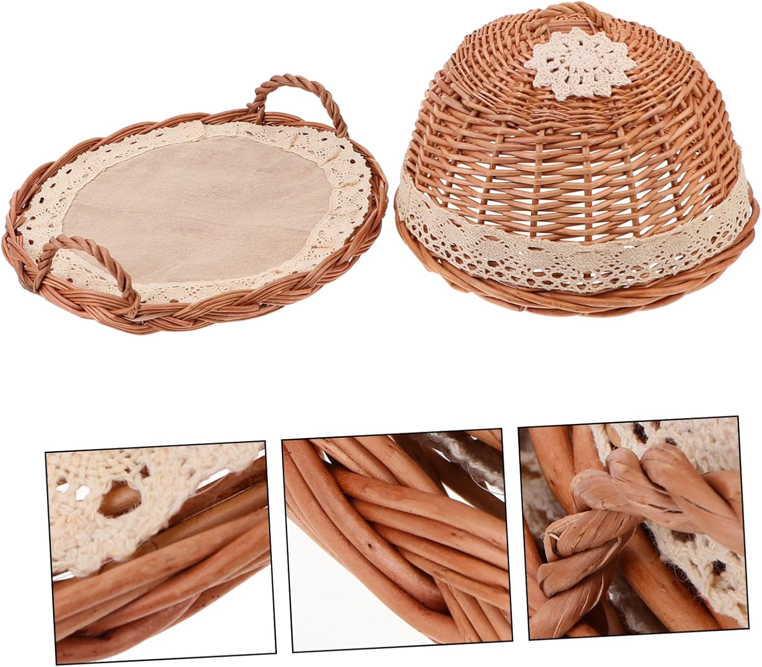 1set Round Rattan Woven Food Tray Set Cover Handmade Willow Basket for Bread and Fruit Storage for Kitchen and Parties Keeps Food Fresh and Protected