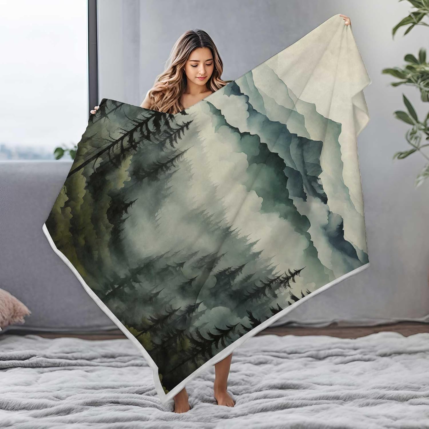 Forest Blanket, Misty Forest Fleece Blanket, Soft, Warm, Nature Mountain Throw Blankets Forests Trees Art Throw Blankets for Couch Bedroom Living Room 60X80 Inch