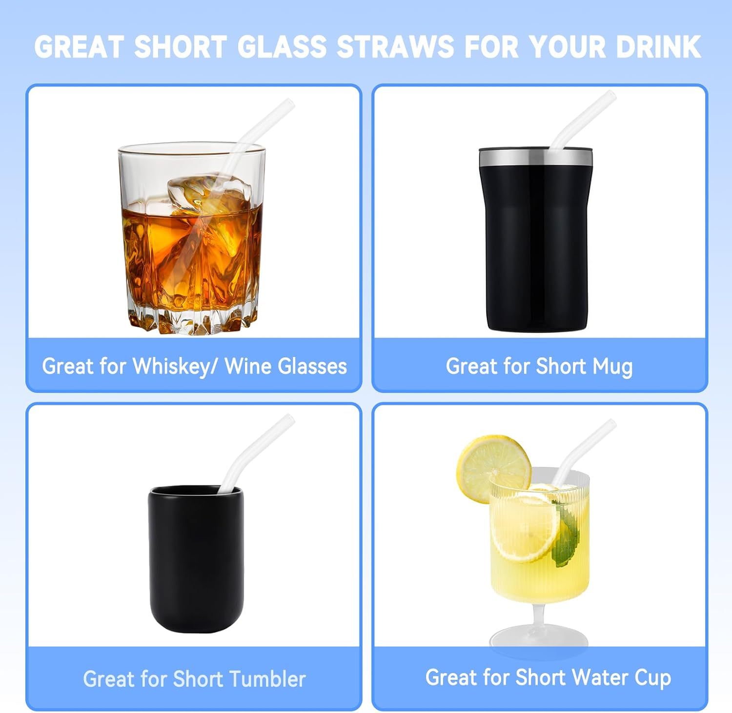 10 Pcs Colorful Glass Straws Shatter Resistant, 7” x 8mm Colored Short Glass Drinking Straws with 2 Cleaning Brush, Set of 5 Straight & 5 Bent Straws Short for Coffee, Beverages, Juices