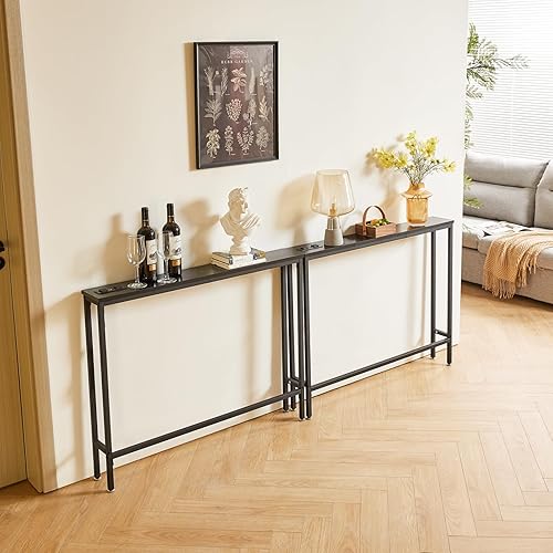 Miniatura 17 de IBUYKE TMJ061H-2 - Paquete de 2 mesas de consola angostas y largas con tomas de corriente, puertos USB, mesa de entrada industrial de madera con