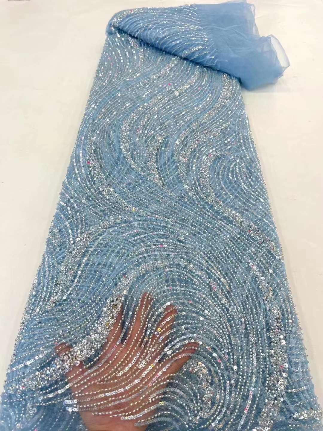 Heavy Beaded and Sequins Wedding French Net Lace Fabric 5 Yards Per Lot (Blue,5 Yards)