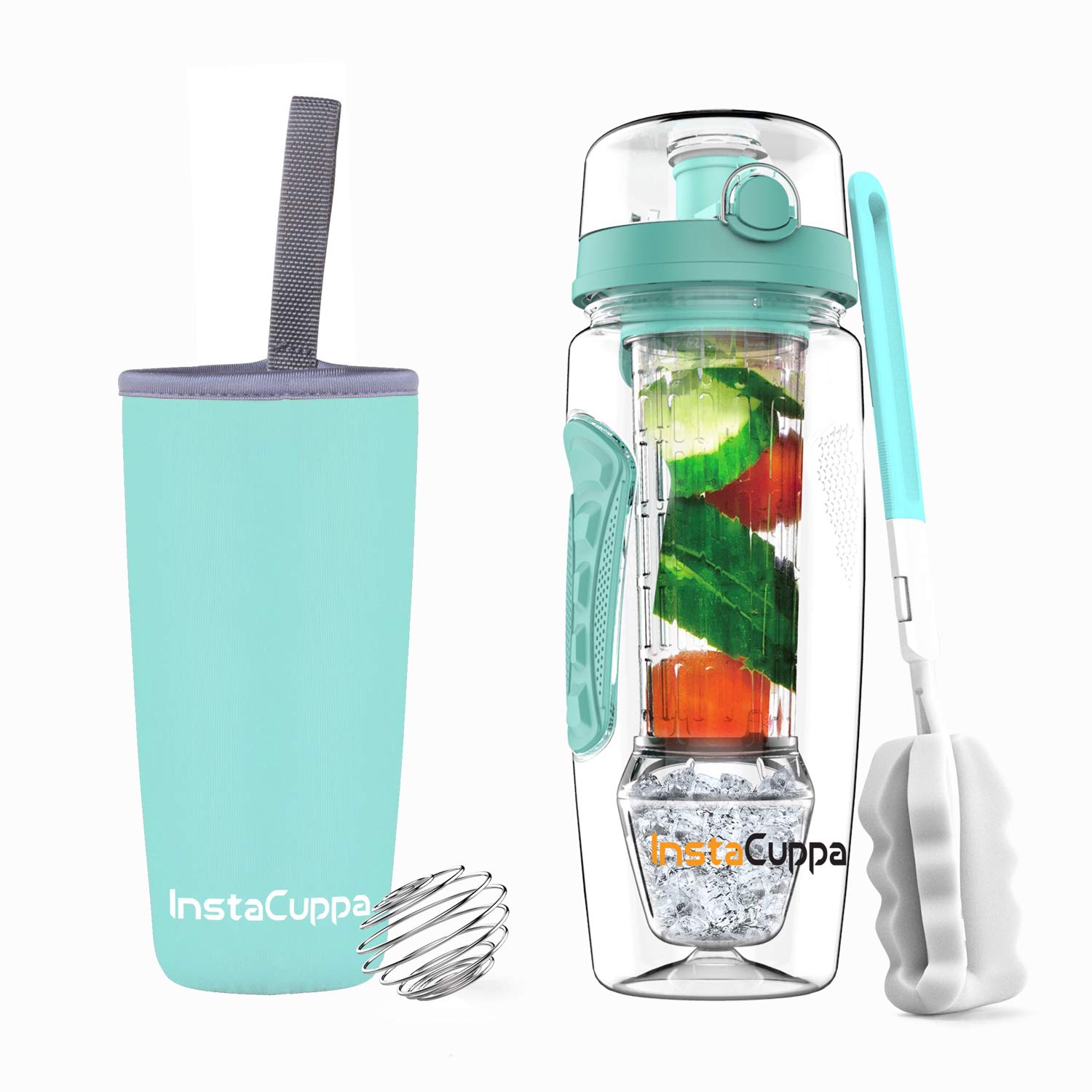 InstaCuppa Fruit Infuser Water Bottle 1 Litre, Tritan Infusion Unit with Ice Gel Ball, Detox Infused Recipe eBook, Carry Sleeve Cover (MInt Green) (B07T8L4G9K) Amazon Price History, Amazon Price Tracker