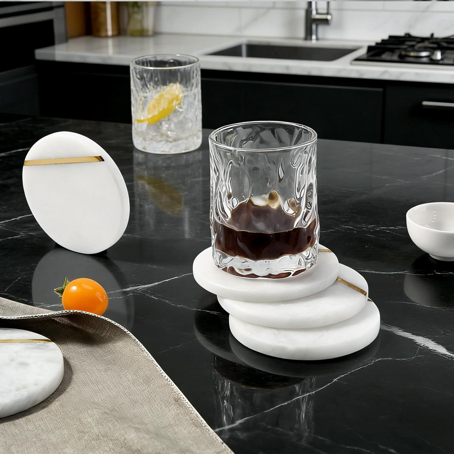 Koville White Marble Coasters Set of 6 for Coffee Table, 3.9" Inches Handmade Round Coaster, Luxury Aesthetic Marble Drink Coaster for Table Décor Home Décor, Stone Coasters for Dining, Bar or Office