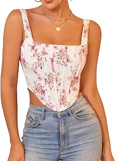 KUTUMAI Women's Summer Floral Corset Crop Top Strap Boned Bustier Cute Zip Back Party Bodyshaper