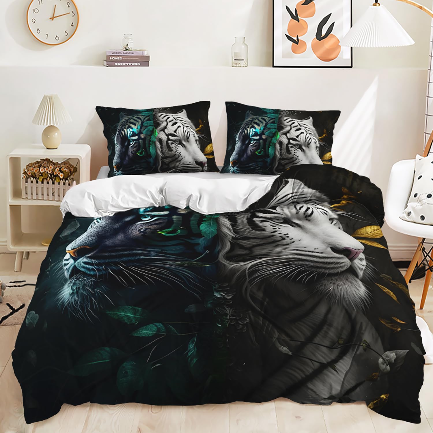AILONEN Tiger Printed Queen Duvet Cover Set,White Tiger Bedding Set for Kids Boys,Animal Tiger Duvet Cover Set 3 Piece,1 Comforter Cover + 2 Pillowcases,Boys Tiger Comforter Cover Set for Kids