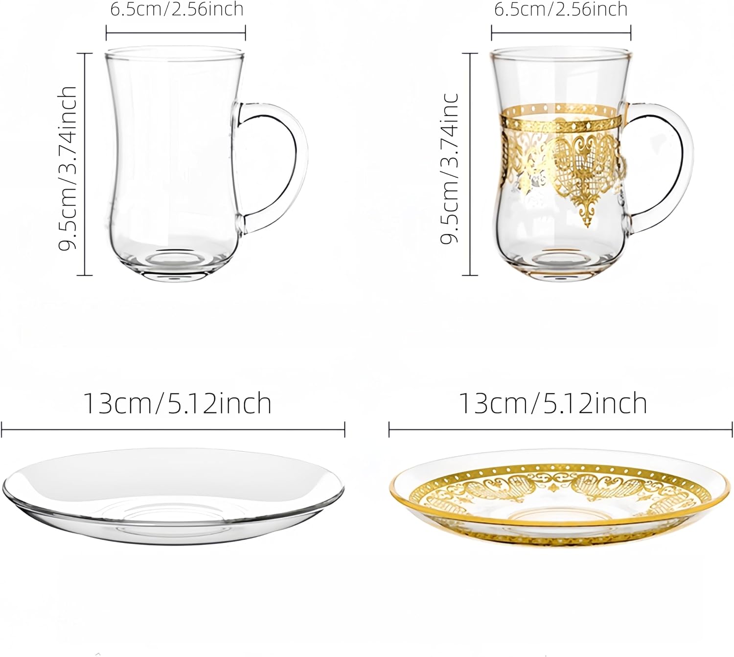Glass Tea Cups and Saucers, Double Walled Clear Glass Coffee Mugs with Handle, Turkish Crystal Tea Glasses, Dishwasher & Microwave Safe, 6pcs flower (gold flower cup+plate, 6pcs)