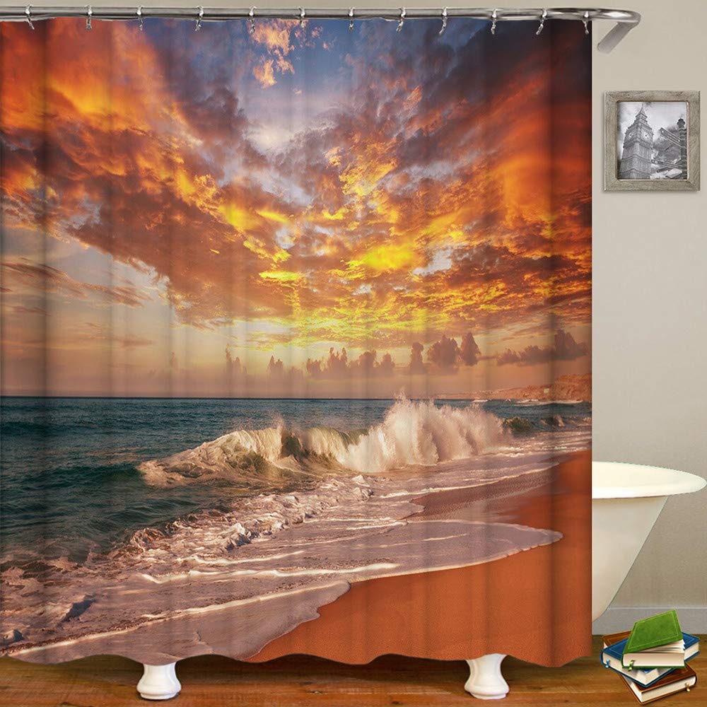 Chickwin Tende da Doccia Impermeabile Antimuffa Tenda da Bagno con 12 Ganci Poliestere 3D Cielo stellato Stampato Decorativa Tenda della Vasca da Bagno (Beach Waves,120x180cm)