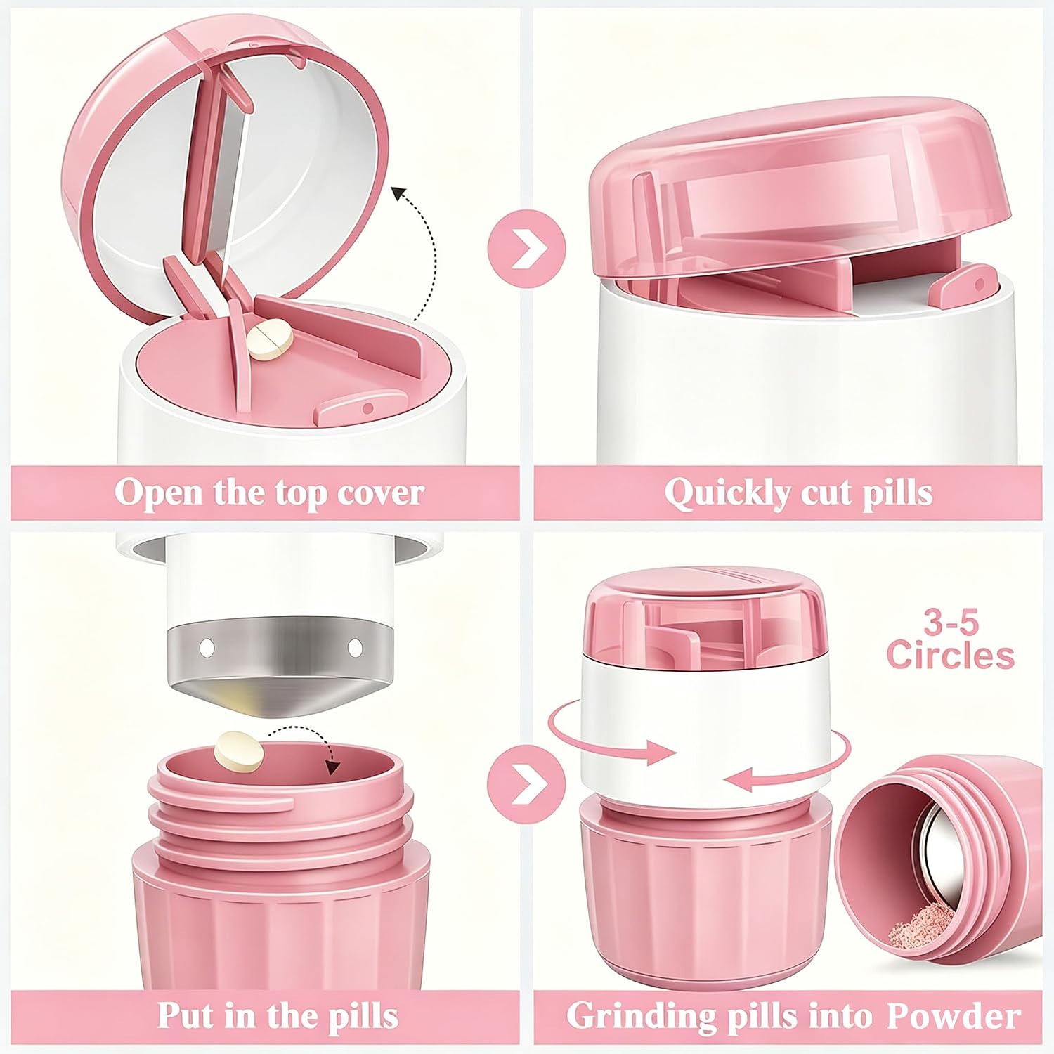 AMAFI 3-in-1 Pill Crusher and Pill Cutter, Pills Crusher Fine Powder with Stainless Steel Grinding Head, Pil Grinder with Storage for Tablets, Cutter Splitter for Small and Tiny Pills Pink