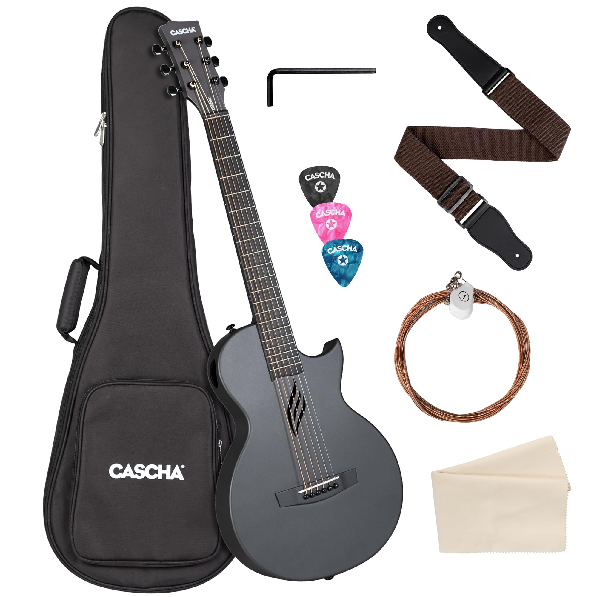 Cascha Kit de guitare pour débutant - En fibre de carbone noir - Guitare acoustique électrique à pan coupé - En fibre de carbone - Pour enfants et adultes