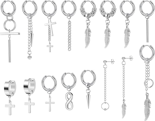 Adramata 316L Stainless Steel Hoop Earrings for Mens Cross Dangle Chain Earrings Punk Gothic Kpop Earrings Leaf Cross Earrings Set
