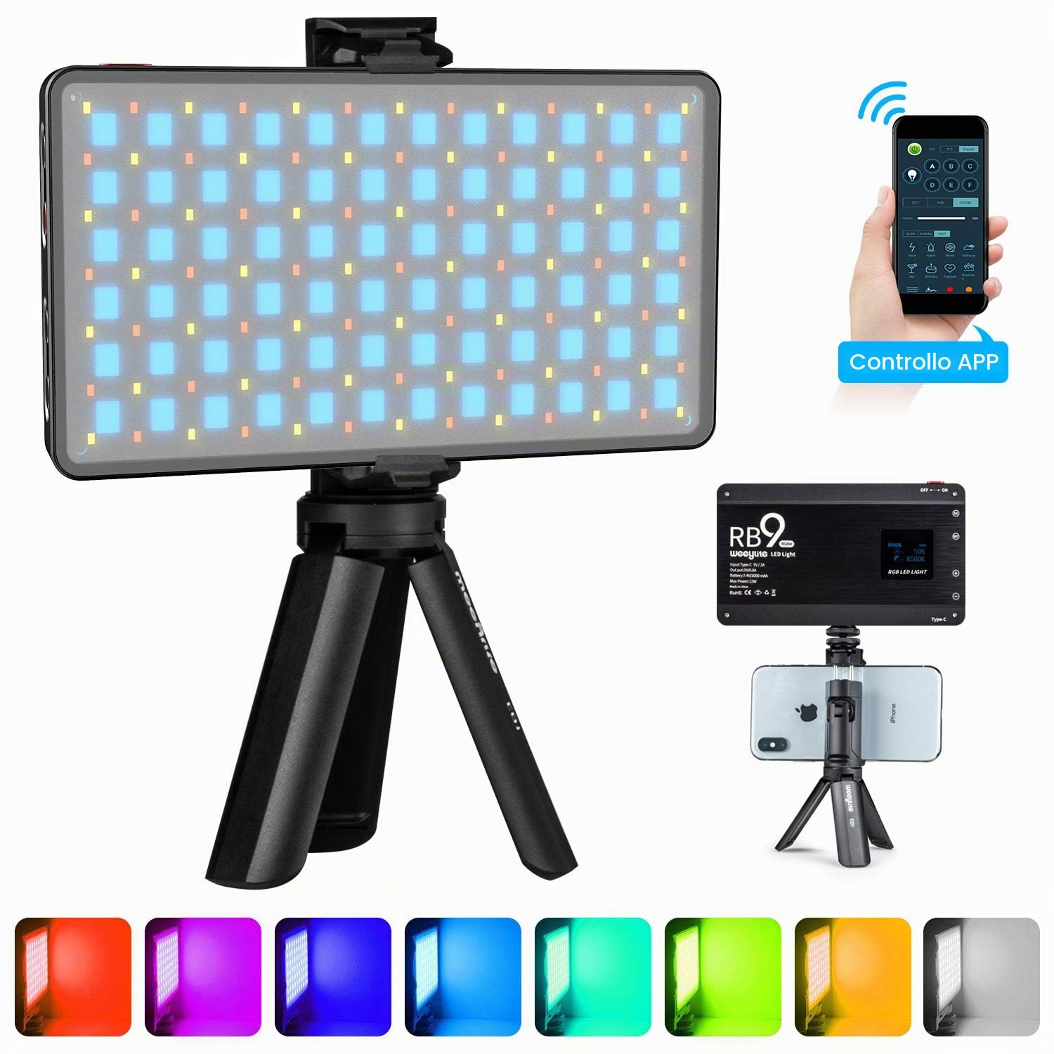 Weeylite RB9 LED Luce Video con batteria integrata,360 ° Pieno di colori,Dimmerabile 2500K-8500K,APP Controllo,Portatile Luce della Fotocamera Pannello per YouTube Vlogging Selfie Conférence
