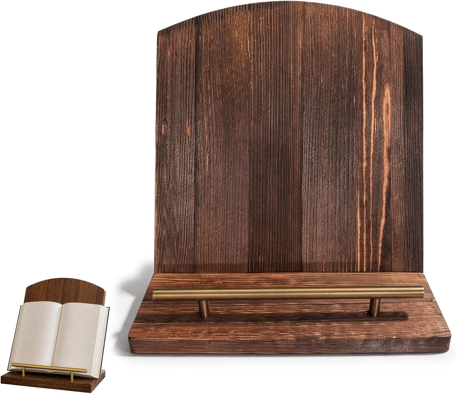 2 in 1 Wooden Cookbook Stand, Recipe Book Holder with Golden Metal Front Stop Bar, Multifunctional Board Serving as Kitchen Tray and Charcuterie Platter for Countertop Kitchen Use