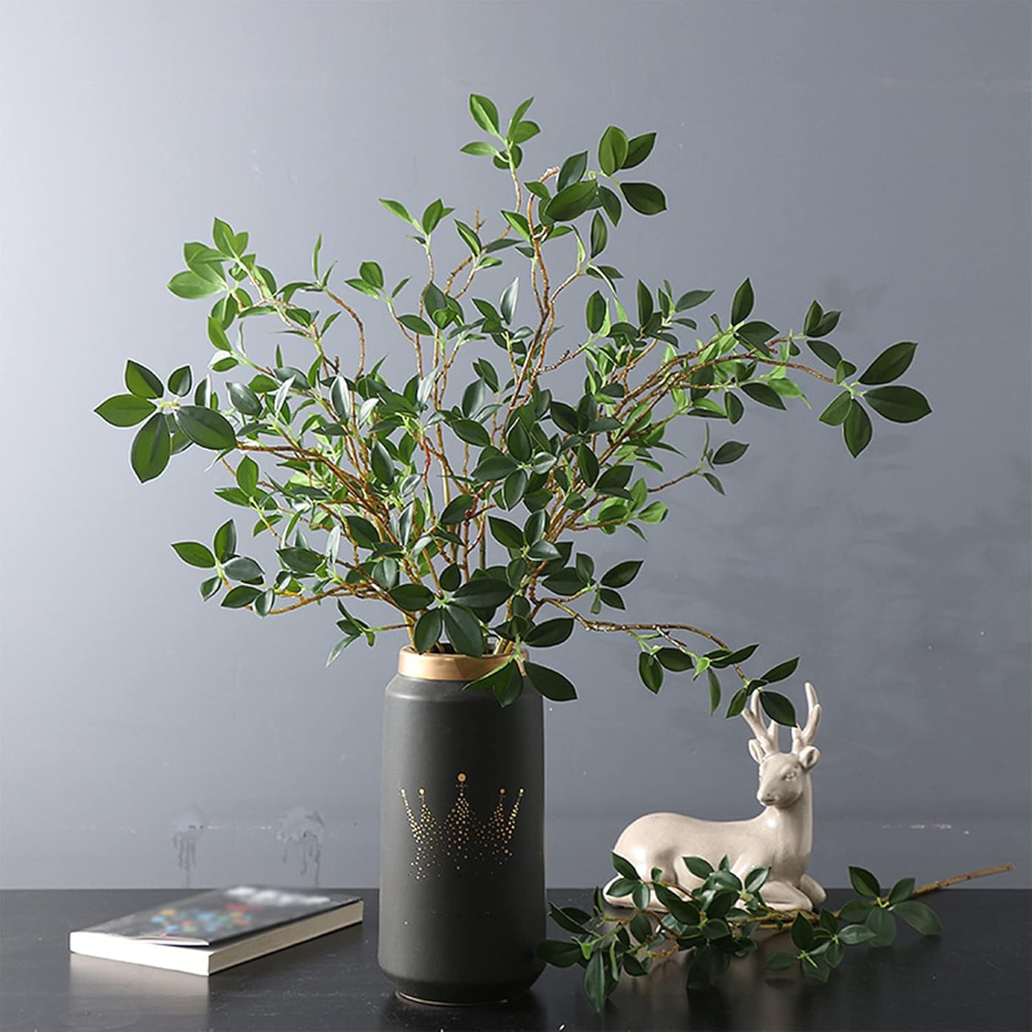 DULRLLY 3 Pcs Artificial Ficus Branches Leaf Spray, Faux Greenery Long Stems 44.5 Inch Tall Ficus Twig Fake Plastic Plant for Floral Arrangements Home Office Decor Vase Filler