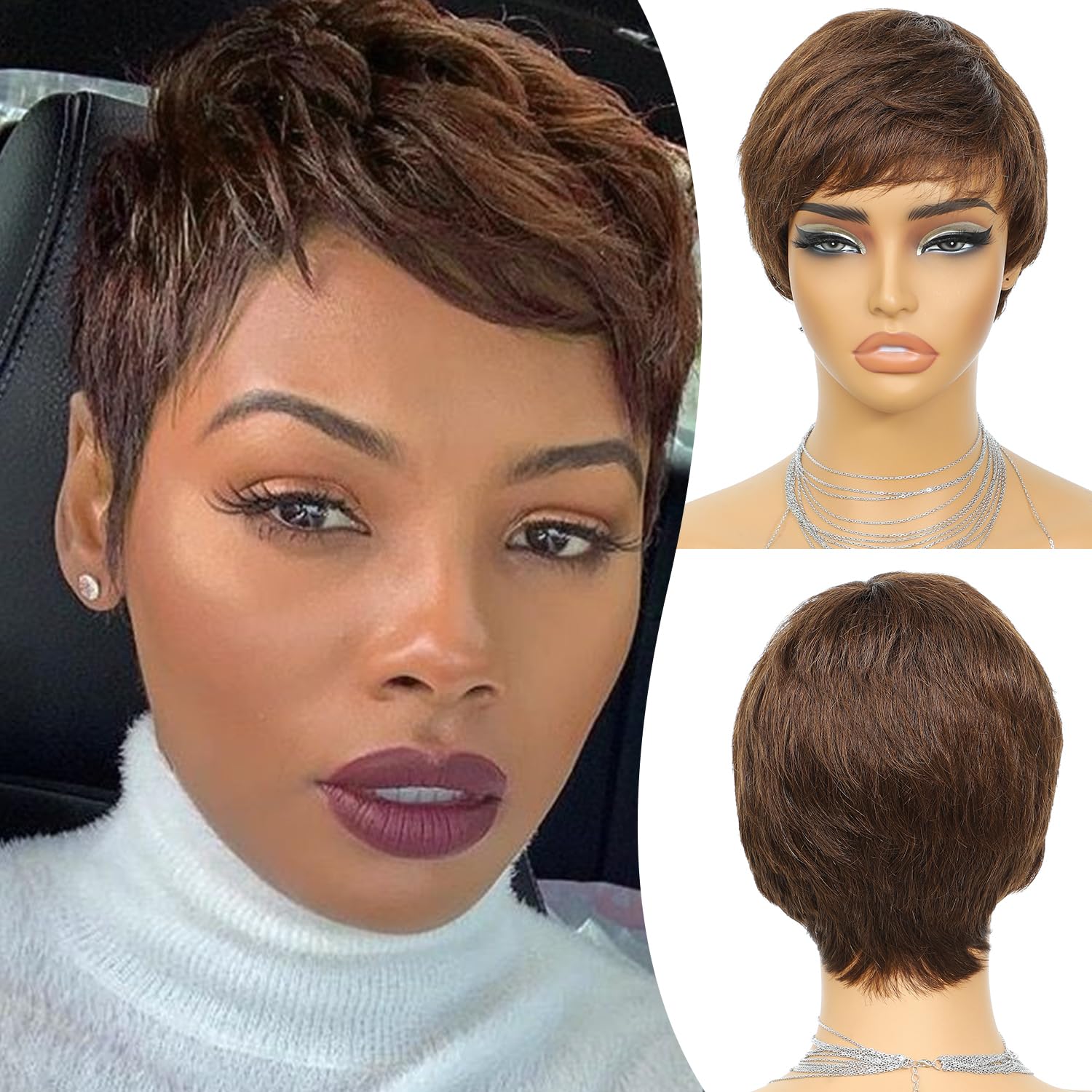 Amazon.com : YKHJH Pixie Cut Wig Human Hair Chocolate Brown  display picture 1