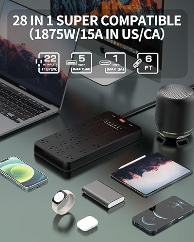 Miniatura 2 de FDTEK - Tira de alimentación con protección contra sobretensiones, 22 tomas de corriente alterna con 6 USB (1 USB-C), cable de extensión de 6.5