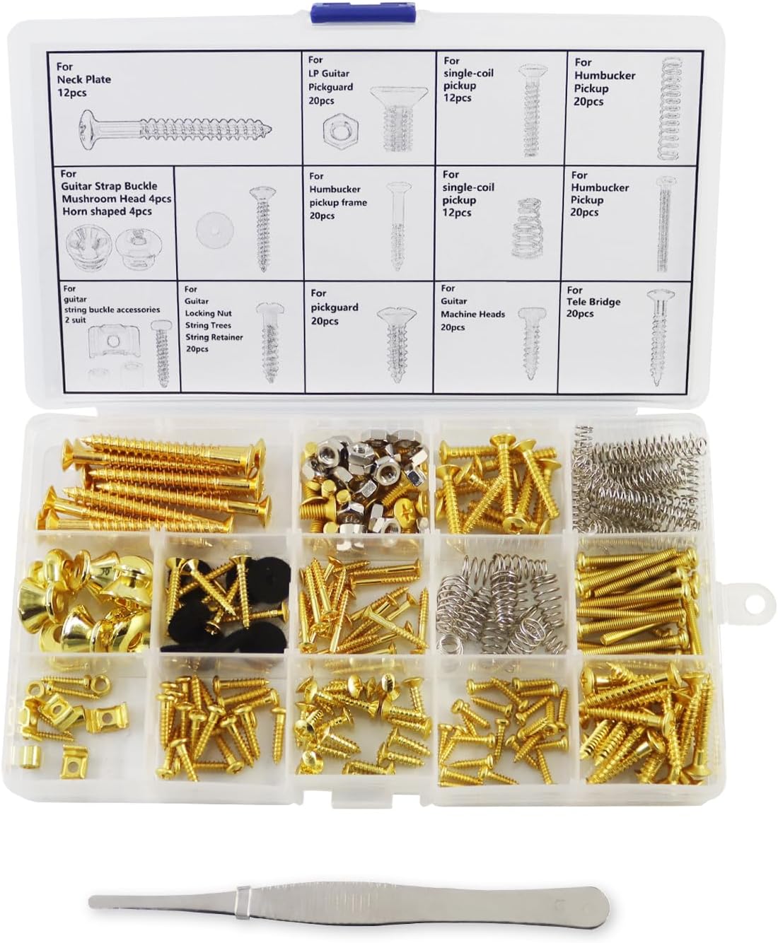 Electric Guitar Screw Set, Suitable for Bridges, Pickups, Pickguards, Tuners, Toggle Switches, and Neck Plates. This 233-Piece DIY Tool Kit Includes Tweezers and Strap Buttons, Gold