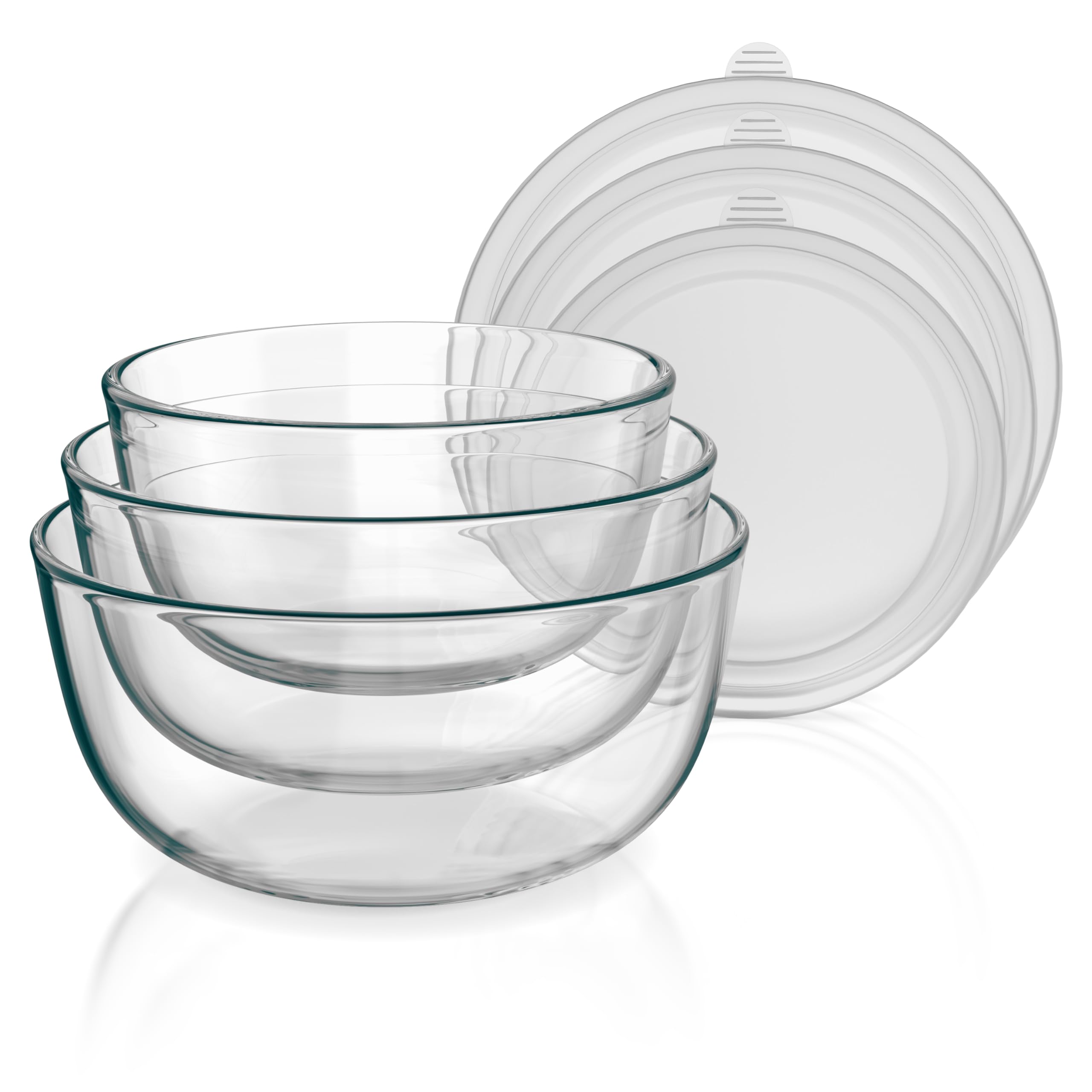 Arendo - Rührschüsseln aus Glas mit Deckel - Glasschüssel 3er Set - 700ml + 1100ml + 1500ml – Rührschüsseln klein bis groß – Borosilikatglas - Salatschüssel Glasschale Salatglasschale
