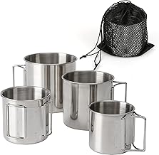 Stackable Camping Mug Stainless Steel Portable Cups with Folding Handle & Mesh Bag for Touring Trips Outdoor Camping Campfire Hiking Picnic 4 Piece Set 7.44oz, 11.16oz, 16.9oz, 22.3oz