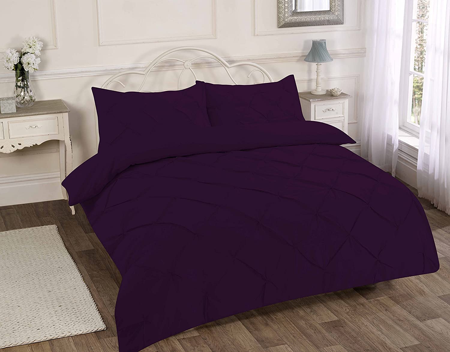 NIGHTZONE Duvet Cover Set Pintuck Pinch Pleated Alexandra Quilt Cover Set Easy Care Polycotton Bedding Set (Plum, King)