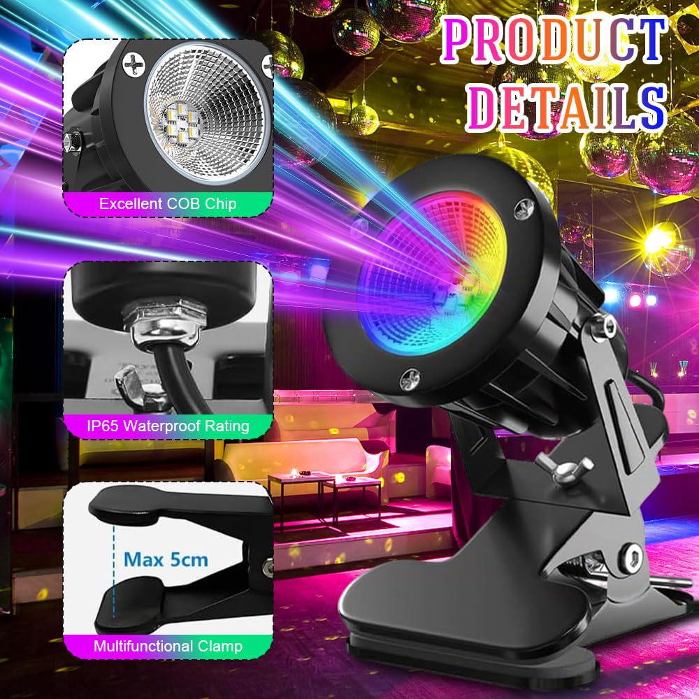 LED Foco de Pinza, 6W RGB LED Foco de Pinza, 15 Luz RGB + Luz Cálida 3000K, IP65 Resistente, Lámpara de Jardín con Enchufe de 3 m, Conector e Interruptor para Interior y Exterior, Patio Césped