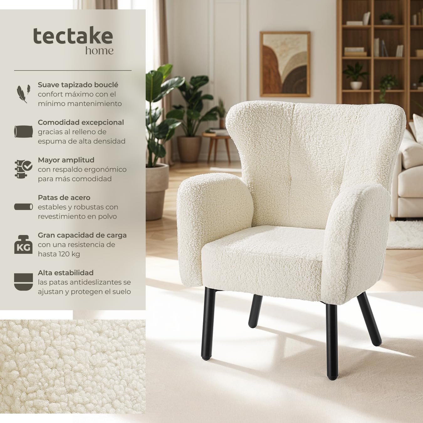 tectake® Sillón Orejero Tapizado en Bouclé, Butaca de Salón, Sillón de Lectura Acolchado, Silla Diseño Escandinavo con Reposabrazos, Estructura en Acero y Topes Antideslizantes, Muebles de Salón