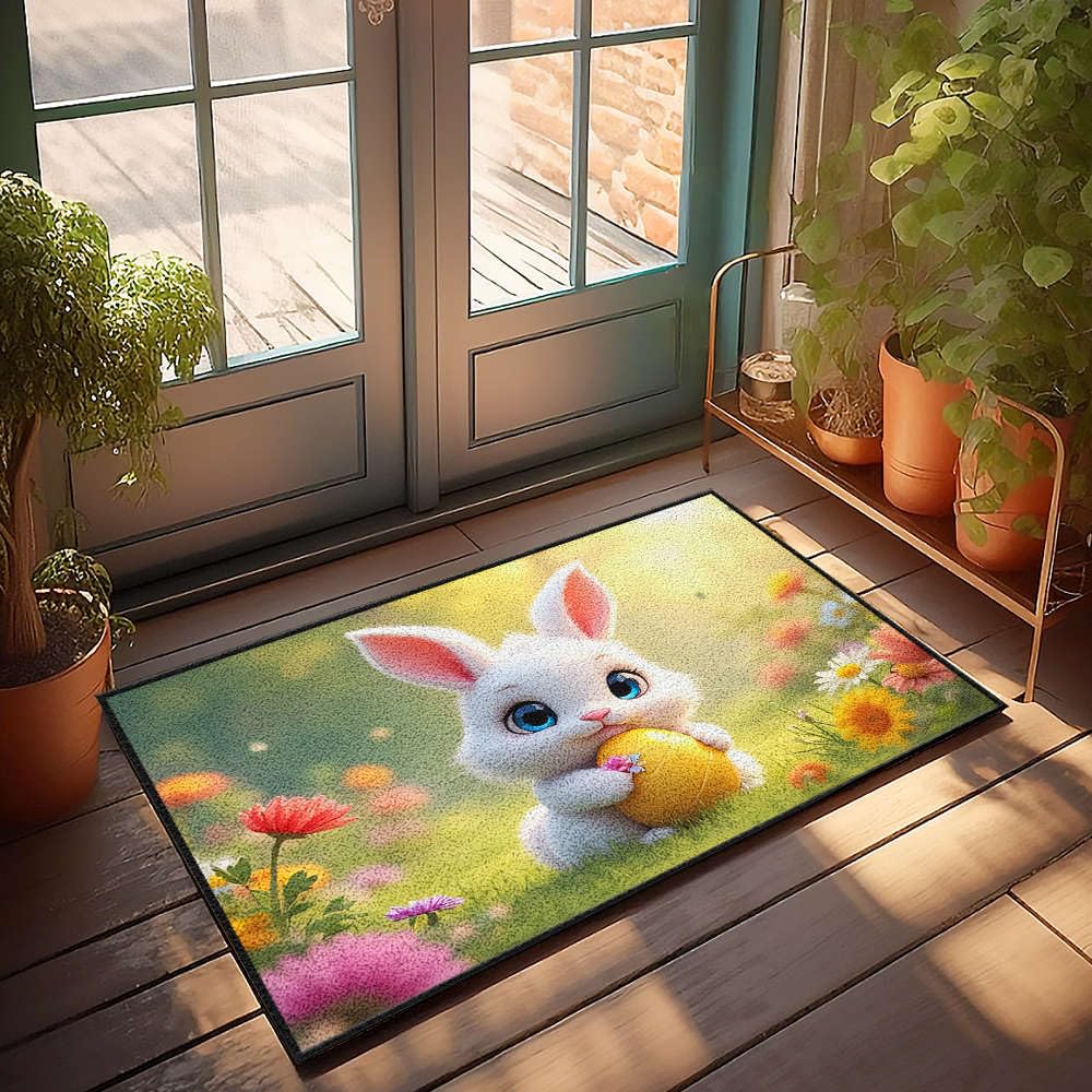Tapis paillasson lapin de Pâques en jardin coloré décoration entrée