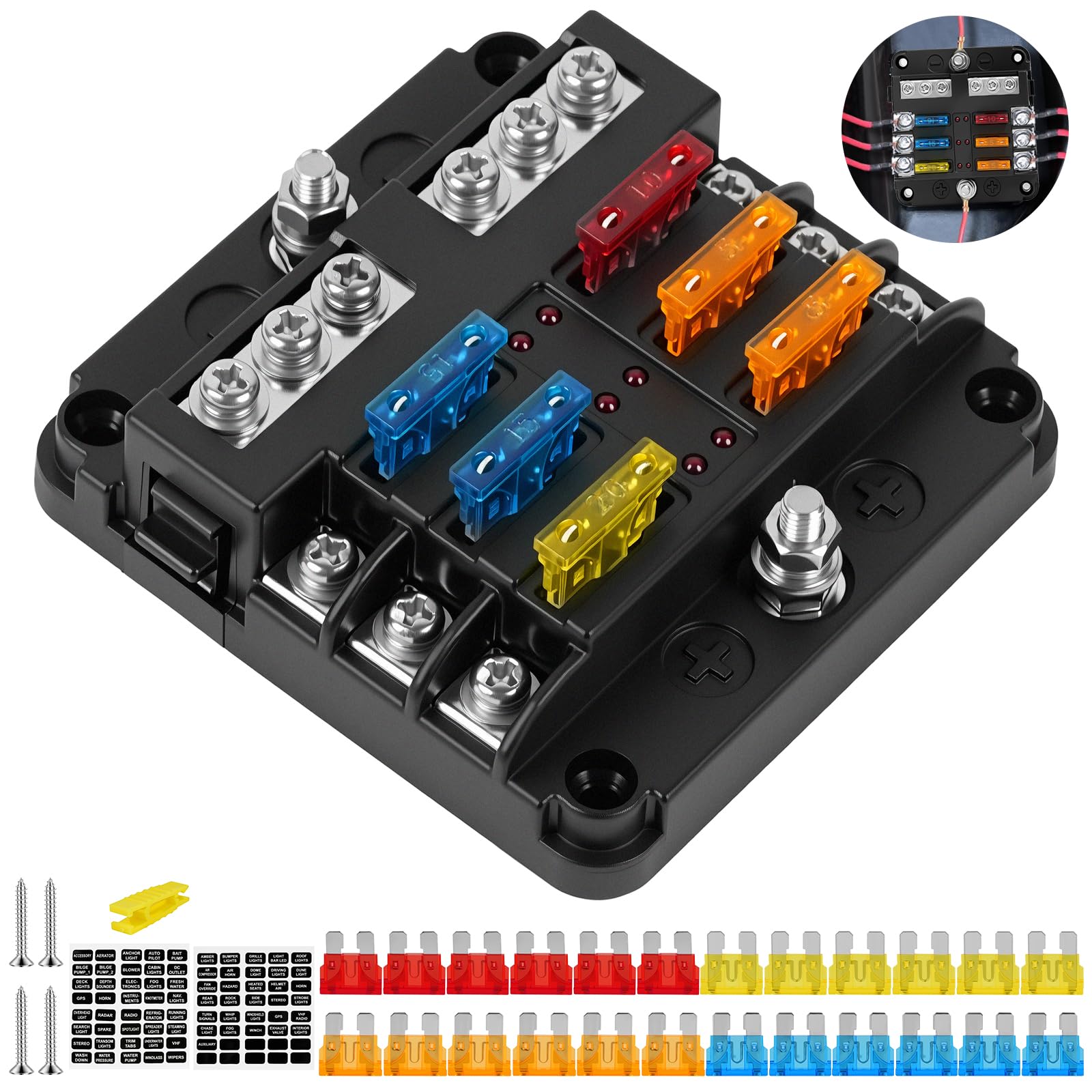 Flintronic 6-krotny uchwyt bezpiecznikowy, blok bezpieczników 12 V, ATC/ATO, skrzynka bezpiecznikowa z dodatnimi negatywami, z 24 bezpiecznikami, do samochodów ciężarowych, kamperów, łodzi