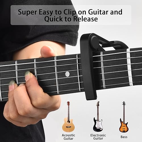 Vista 2 de Afinador de guitarra, accesorios de guitarra con púas, cejilla de guitarra, cejilla para guitarra acústica, bajo, sin zumbidos, liberación rápida