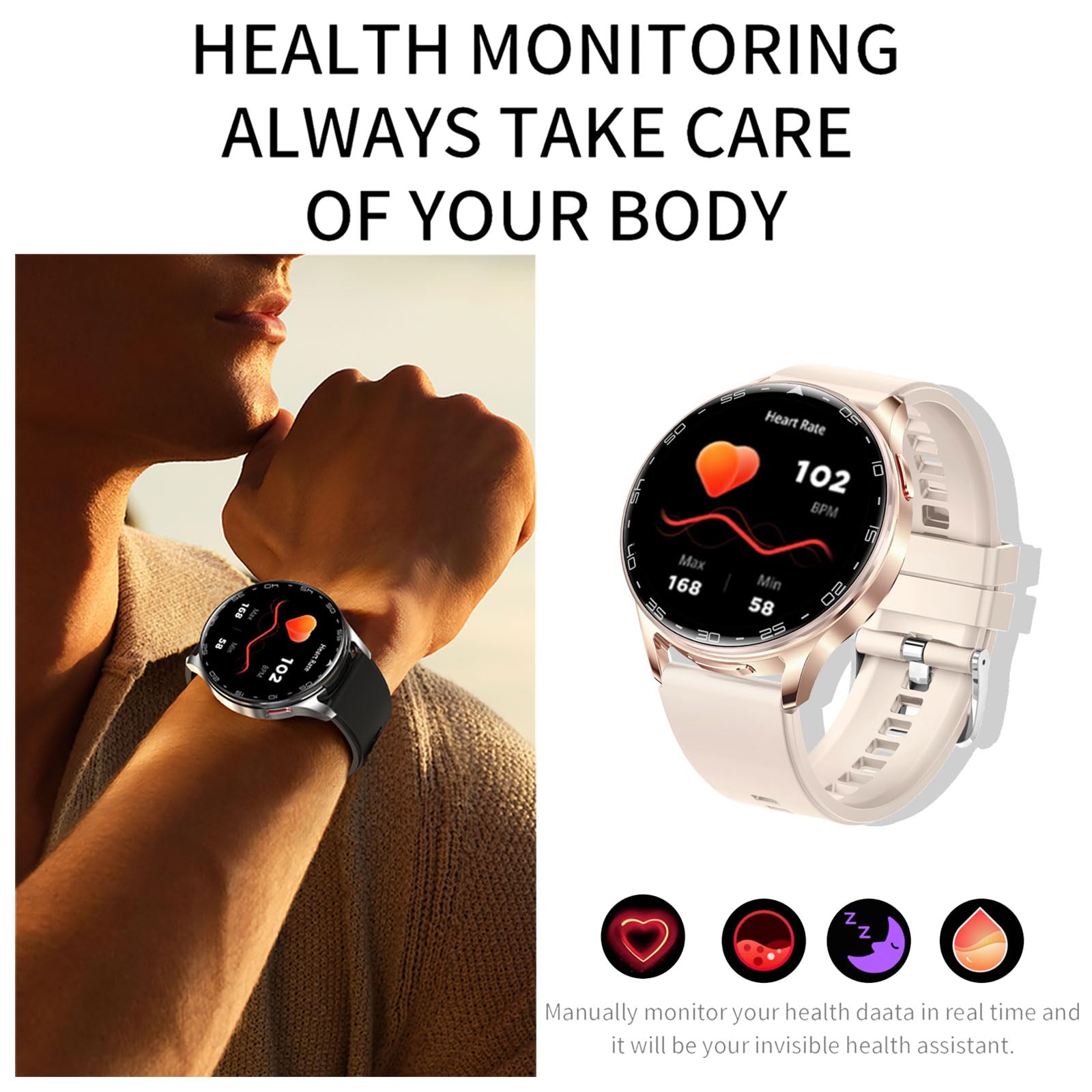 Smartwatch Bluetooth Kopfhörer Innovatives 2-in-1 Design Fitness Tracker 1.39 Zoll Bildschirm Touchscreen Kabelloses Headset mit Schrittzähler Herzfrequenz Schlafmonitor IP67 Wasserdicht Gold